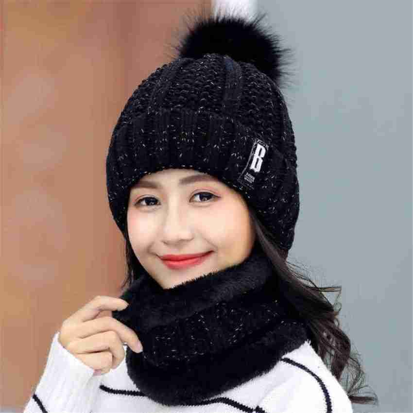 Zonkar Woman Black Woolen Beanie Cap with Scarf Warm Snow Proof