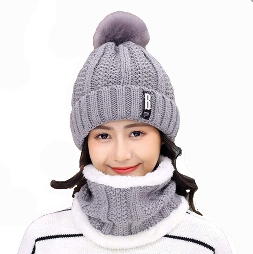 rygai Womens Hat 1 Set All-match Women Cap Scarf Thermal Woolen Yarn  Knitted Winter Ladies Hat Scarf Set for Daily Wear Grey