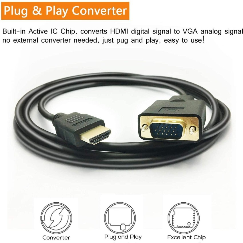 VOOCME HDMI Cable 1.8 m Gold Plated HDMI to VGA Cable Converter, 6ft 1.5M  1080P HDMI Male to VGA Male D-SUB 15 Pin - VOOCME 