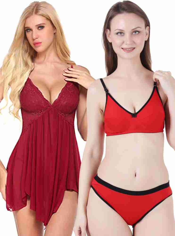 Buy Fihana Cotton Solid Padded Bra Panty Lingerie Set for Women Daily Use S  to 3XL Black Pink Maroon at