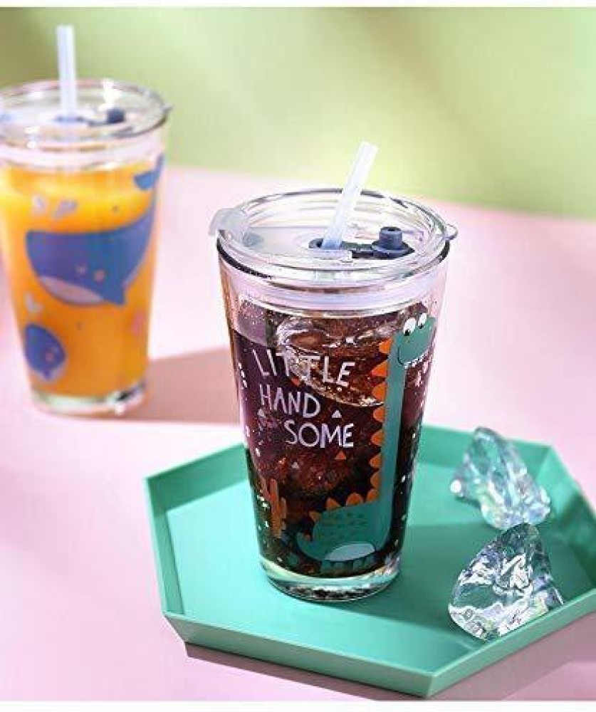 1pc Small Cute Glass Cups With Lid And Straw