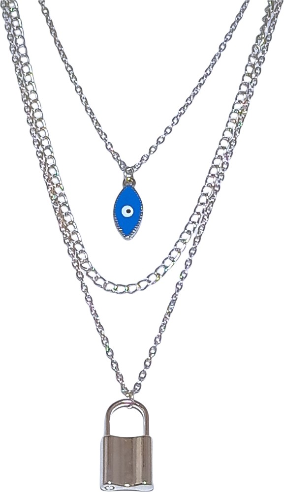 A2S2 Simple Lock & Blue Evil Eye Silver Color Chain Triple Layer