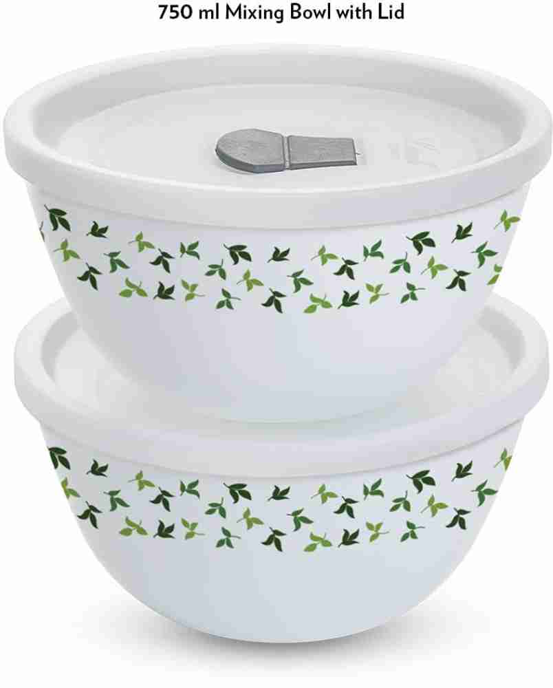 Larah by Borosil Opalware Mixing Bowl Mixing & Serving Bowl Set of 2 with  Lid (750 ml Each), Microwave Safe, White (ASSORTED PRINT) Price in India -  Buy Larah by Borosil Opalware