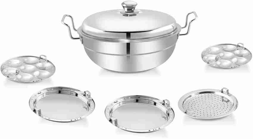 WAYMORE All in One Big Size Stainless Steel IdliCooker Multi Purpose Kadai Steamer with Induction Bottom Multi Kadai with 5 Plates Big Size 2 Idli 2 Dhokla 1 Patra Momo s Induction