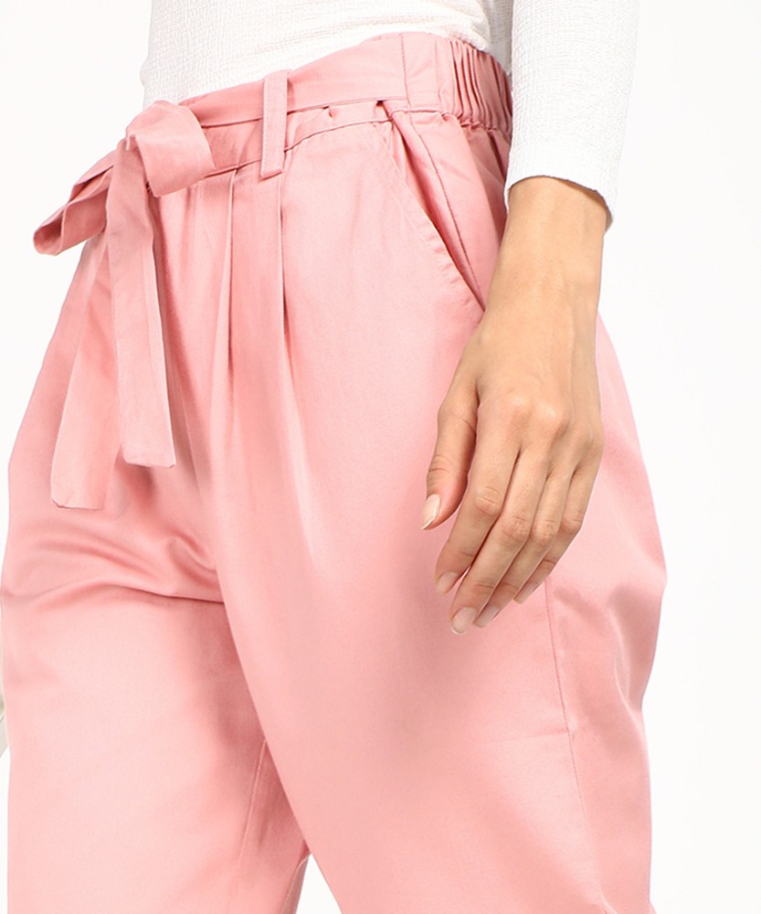 Womens Regular Fit Pink Cotton Solid Paperbag Trousers