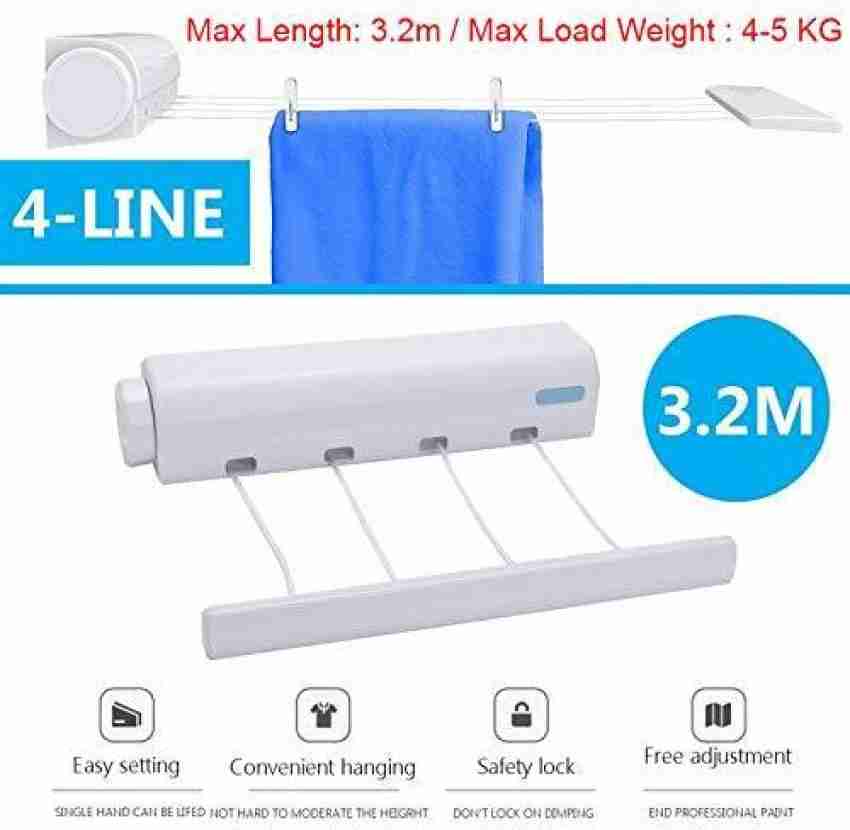 Niyanta Plastic Wall Cloth Dryer Stand Wall Mounted Laundry Clothes Hanger  Rope Retractable Flexible Clothesline Indoor Outdoor Wall Hanger Bathroom  Telescopic Cloth Dryer Drying Rack 4 Line Washing Line 8kg Load Plastic