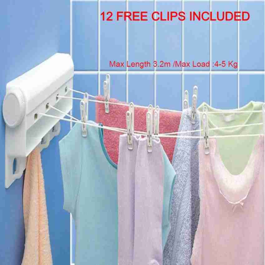 Niyanta Plastic Wall Cloth Dryer Stand Wall Mounted Laundry Clothes Hanger  Rope Retractable Flexible Clothesline Indoor Outdoor Wall Hanger Bathroom  Telescopic Cloth Dryer Drying Rack 4 Line Washing Line 8kg Load Plastic