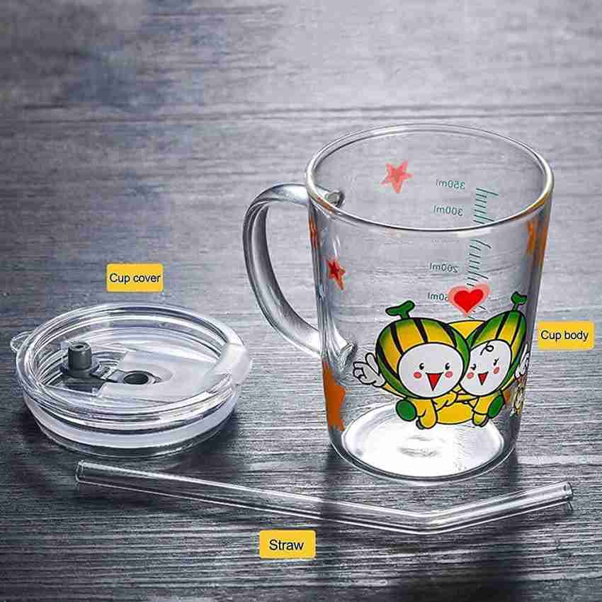 Pulsbery Printed Milk Cups for Kids Glass with Straw and Lid Spill Proof  Coffee Mug Kids Cup Non-Slip Handle Milk Glass Straw Mug with Measuring  Cartoon Cups– Pack of 1 Price in