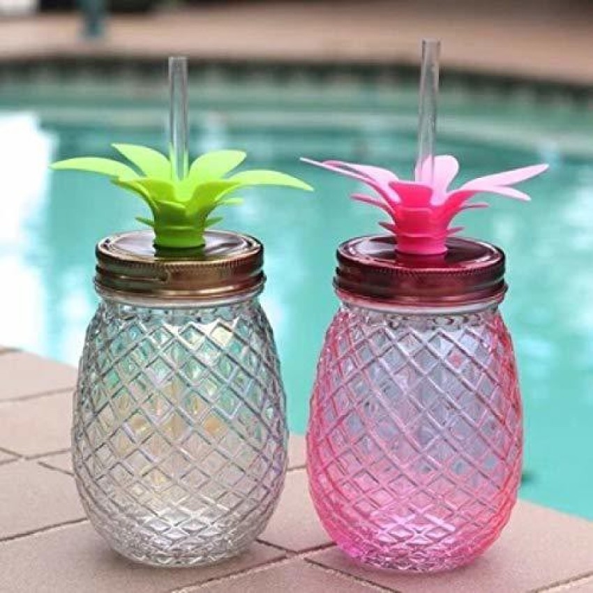 Pineapple-Shaped Mason Jar Mug Glasses with Handles, Straws & Lids, Set of  6