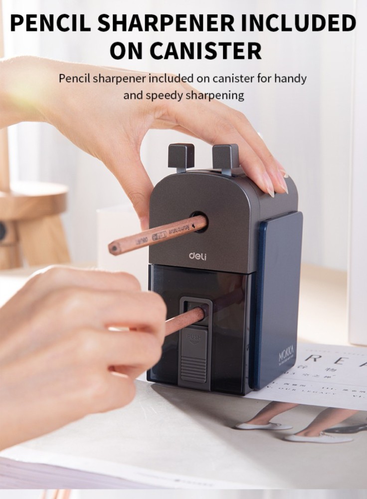 Deli Blue & Black Rotary Pencil Sharpener, Transparent  Canister with Anti-Slip Base & High-Quality Long-Lasting Steel Extra Sharp  Blade & Integrated Portable Mini Sharpener to Ensure Smooth Quick Sharpening,  8mm
