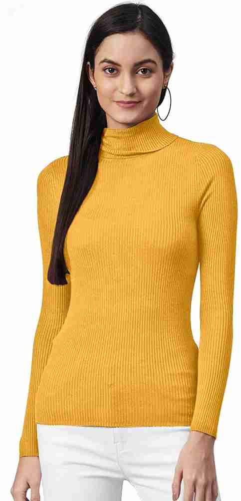 Women Yellow Solid Turtle Neck Sweater