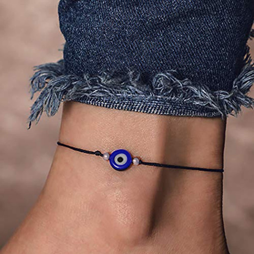 Indian Traditional Womens Black Thread Knot Evil Eye Anklets Set Of 3