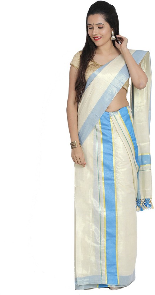 Buy Onam traditions Solid/Plain Kasavu Tussar Silk Cream Sarees Online @  Best Price In India | Flipkart.com