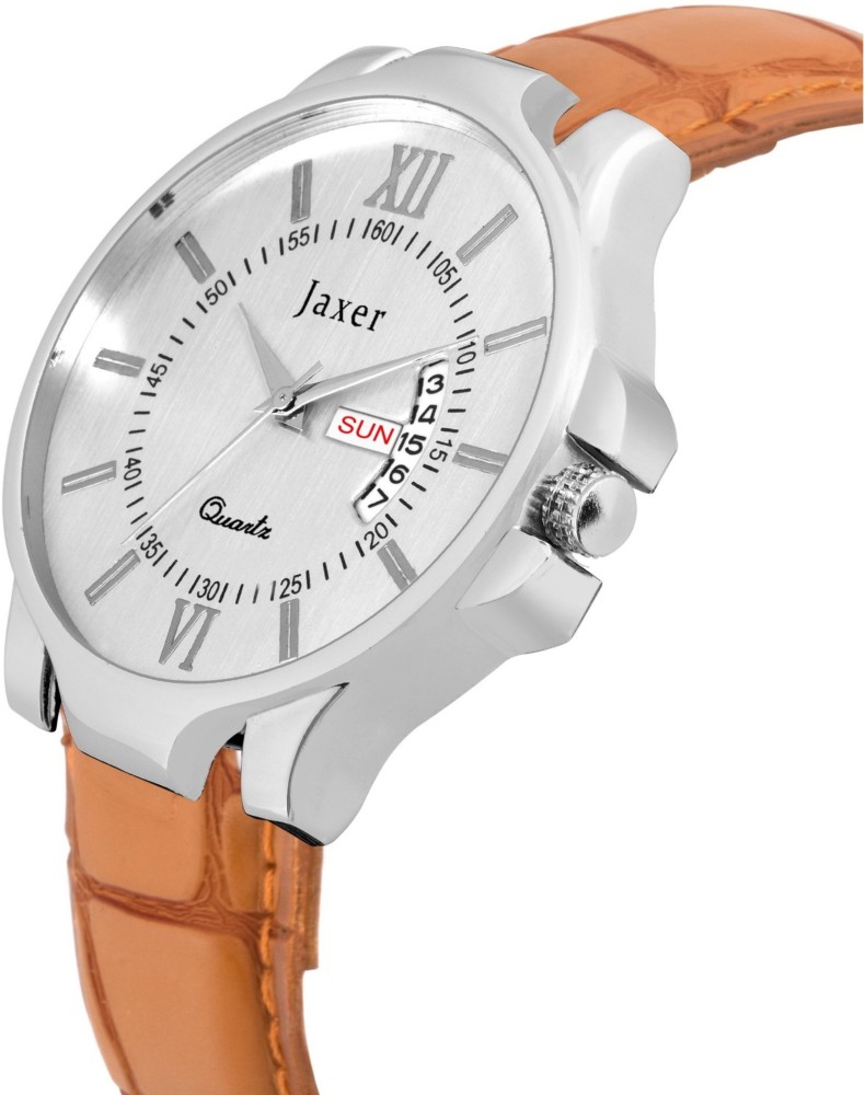 Jaxer Brown Day Date Feature Dial Leather Strap Analog Watch