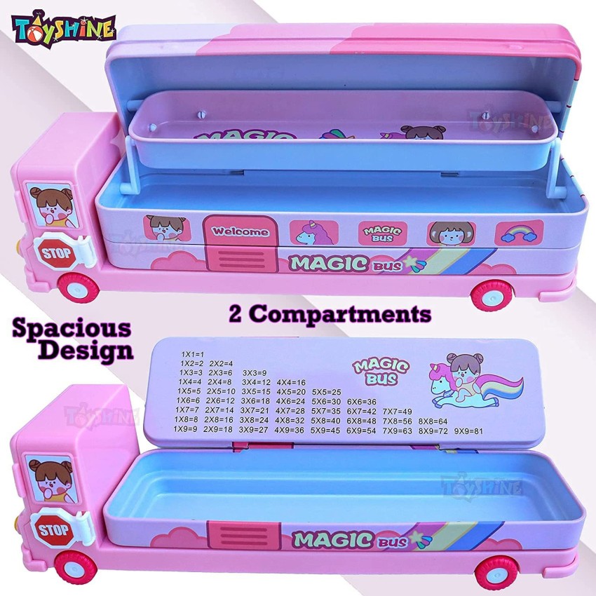 TOYGENIC Pencil Box for Kids Magic Bus with Moving Tyre & Sharpener for  Kids Bus Truck Geometry Box for Kids Boys & Girls - Pink