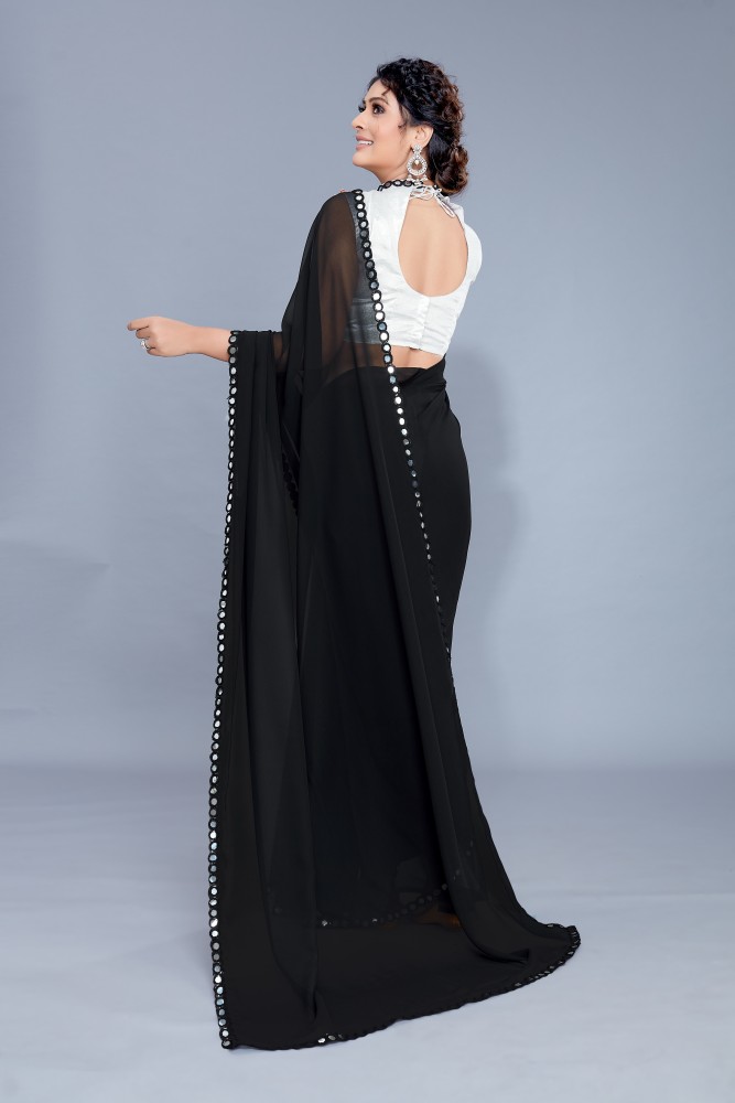 Women Plain Weave Georgette Satin Stripes Stone Embellished Saree with  Blouse Piece – Mirchi Fashion
