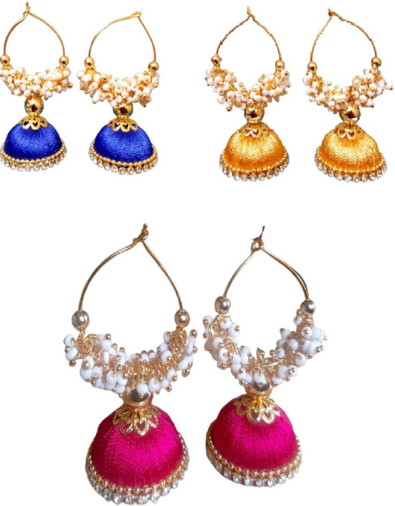 Flipkart Buy SRI Earrings 03 Pair Loreal Silk Thread Jhumka Blue Golden Pink Fabric Earring Set Online at Best Prices in India