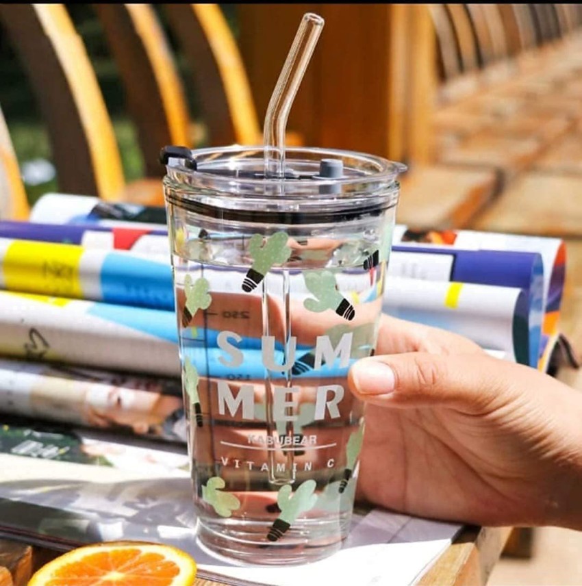 Glass Sipper Cup with Straw and Lid Random Design Cartoon Pattern Drinking  Measuring Glass Mug/Cup