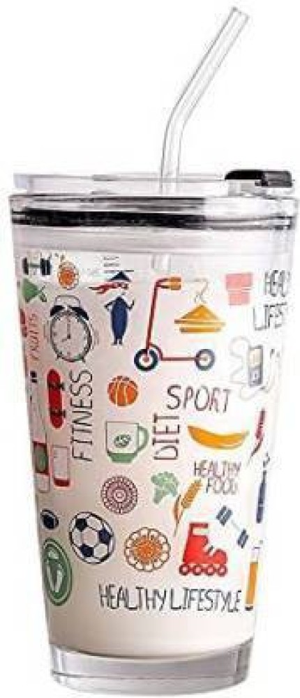 Glass Sipper Cup with Straw and Lid Random Design Cartoon Pattern Drinking  Measuring Glass Mug/Cup