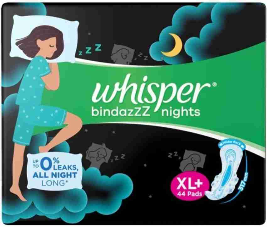 Whisper Bindazzz Nights Sanitary Pads, Xl+ (Pack of 44) Napkins. Sanitary  Pad, Buy Women Hygiene products online in India