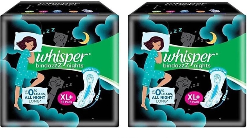 Whisper Bindazzz Nights Sanitary Pads, Xl+ Pack of 15+15 Napkins