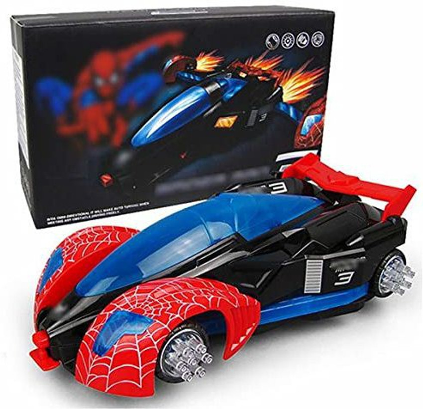 QBIC Spider Man Bump Go Transforming Friction Powered Super Speed 3D Police Vehicle Model with LED Light and Music Spiderman Toy Car for Kids Spider Man Bump Go Transforming