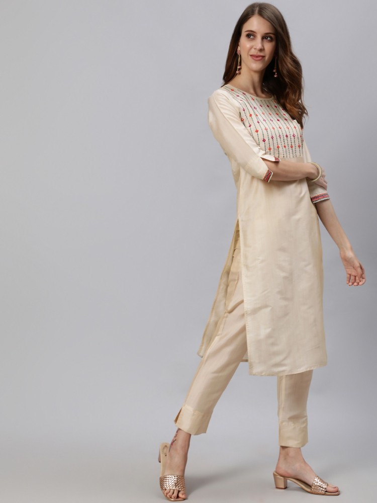 Women PeachColoured Yoke Design Gotta Patti Pure Cotton Kurti with Trousers