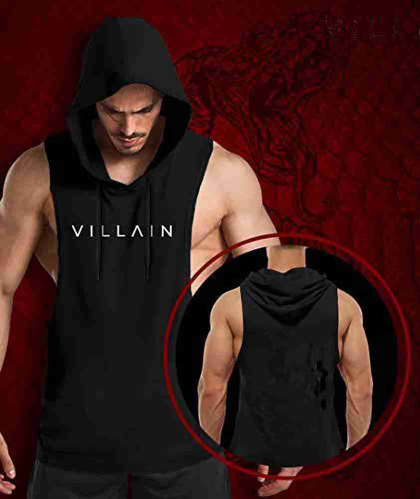 VILLAIN Solid Men Hooded Neck Black T-Shirt - Buy VILLAIN Solid