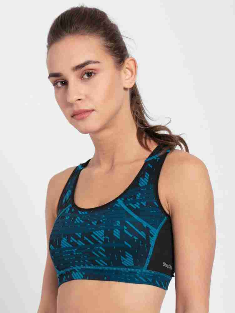 Jockey MI03 Women's Wirefree Padded Polyester Elastane Stretch Printed Full  Coverage Racer Back Styling Sports Bra with Stay Dry Treatment