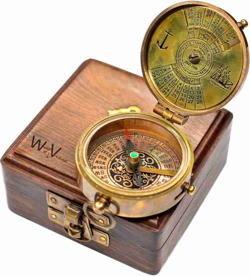 Brass Compass In Wooden Box With A Glass Top Screw-On Gift For A Sailor  Traveler