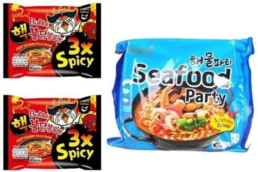 Samyang Korean Ramen Buldak Jijang Flavour Spicy Noodles PacK2 Buldak Hot  Chicken Seafood Noodles PacK1(Pack of 3) (420gm) (Imported) Instant Noodles  Non-vegetarian (3x140 g)(Com 
