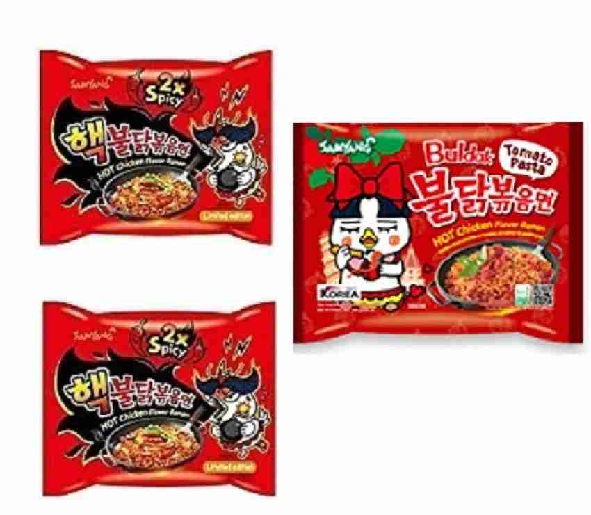 Samyang Buldak Ramen Kimchi Hot Chicken Flavour Ramen Instant Korean  Noodles - 135gm*2Pack & Hot Chicken 2 XSpicy Noodles PK1 140Gm (Pack of 3)  410Gm (Imported) Non-Vegetarian Instant Noodles Non-vegetarian Price in