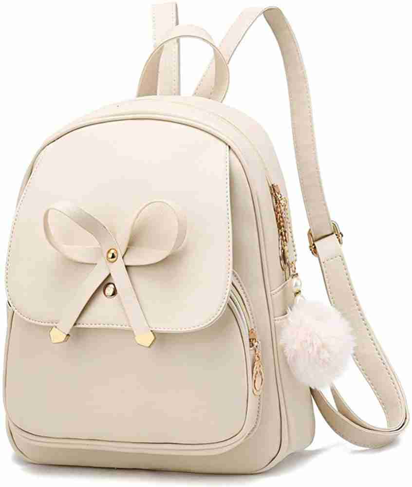Girls Bowknot Cute Leather Backpack Mini Purse for Women Beige