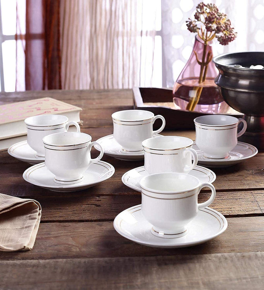 KV Crockwares Pack of 12 Bone China Elegant Golden Design Line Cup and Saucer Set of 6 Price in India Buy KV Crockwares Pack of 12 Bone China Elegant Golden Design