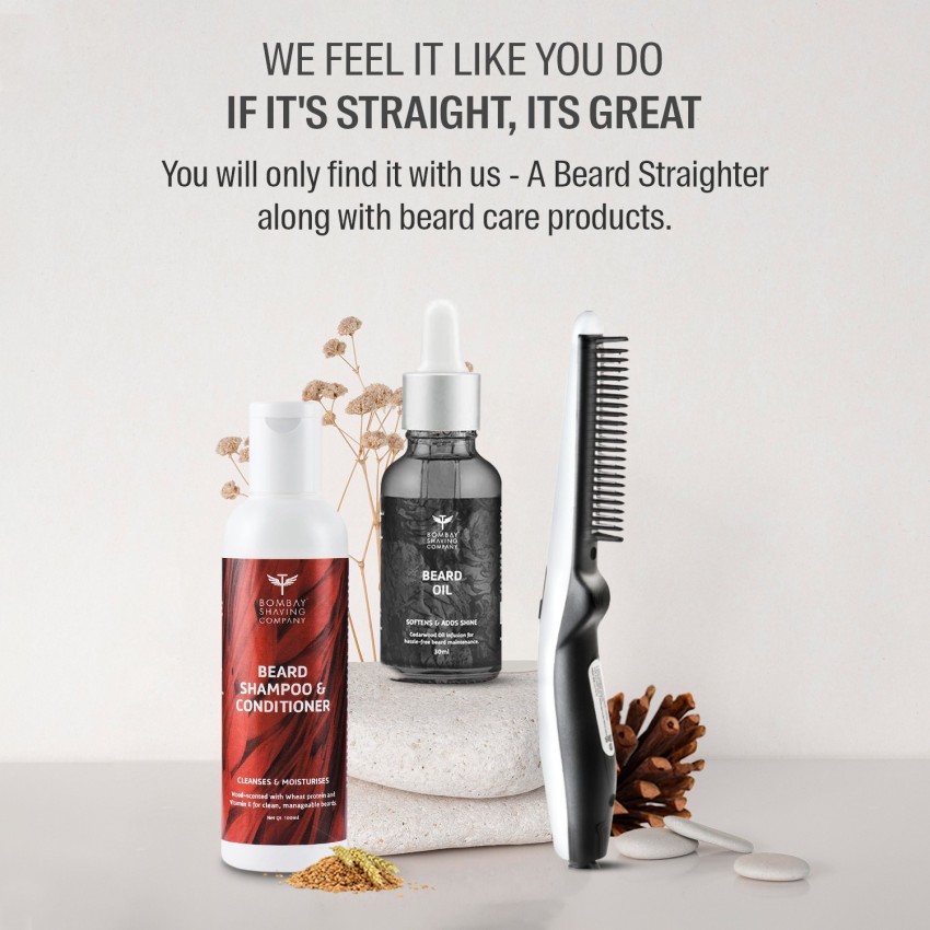 BOMBAY SHAVING COMPANY 3 in 1 Beard Straightener Kit With Cedarwood Beard Oil Beard Shampoo Conditioner Anti Burn Beard Straightener Made in India Price in India Buy BOMBAY SHAVING COMPANY 3 in 1