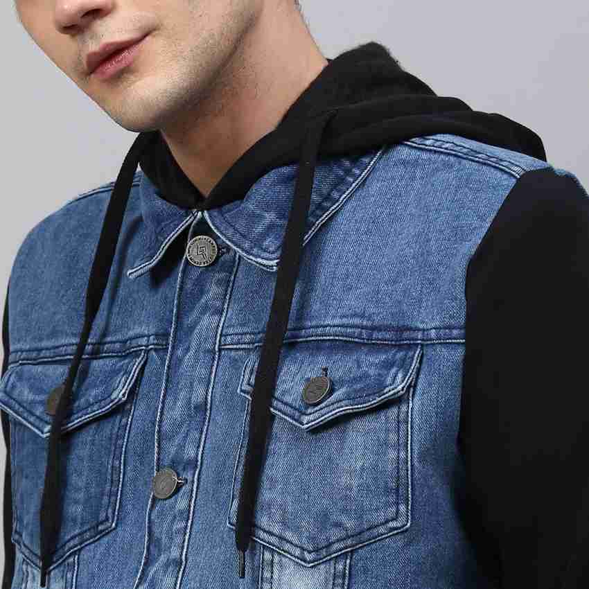 Mens denim jacket with hoodie sales sleeves