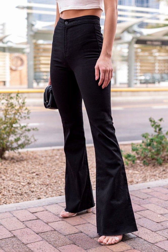 Smarty Pants womens polyester lycra slit bell bottom black formal trouser