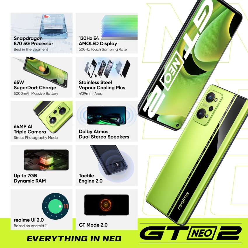 Realme GT Neo2 Neo Green 256GB 12GB RAM Gsm Unlocked Phone Qualcomm  SM8250-AC Snapdragon 870 5G 64MP Display 6.62-inch (1080x2400) Processor  Qualcomm Snapdragon 870 Front Camera 16MP Rear Camera 64MP + 8MP +