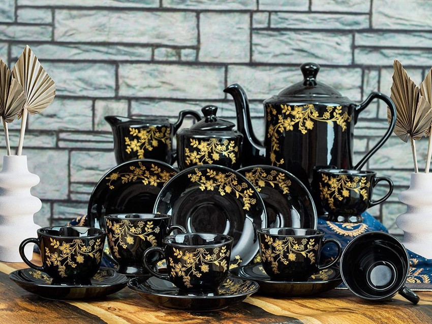 TMF Pack of 15 Ceramic Ceramic Black Color Complete Tea Cup Set