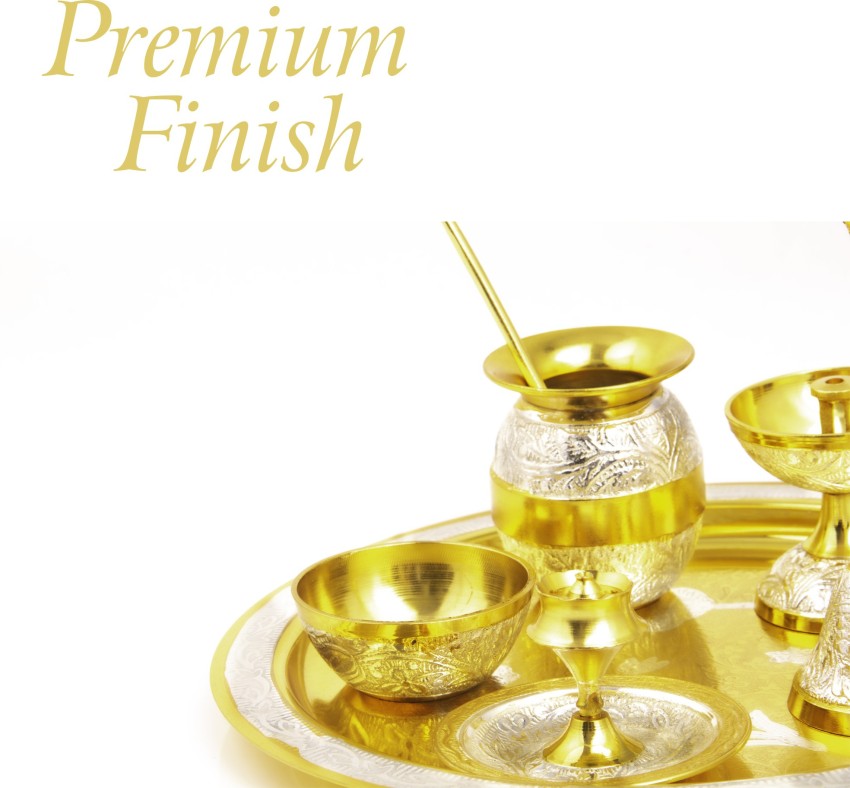 Brass Pooja Thali Set of 5 Pcs, Pooja Plate with 2 Bowl, 1 Glass