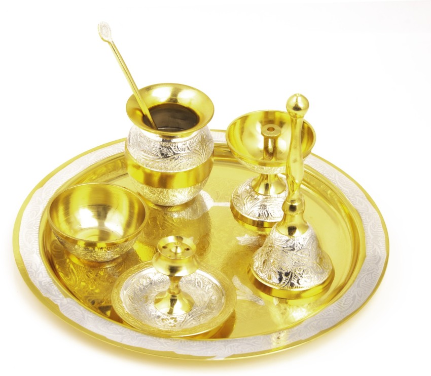 Brass Pooja Thali Set of 5 Pcs, Pooja Plate with 2 Bowl, 1 Glass