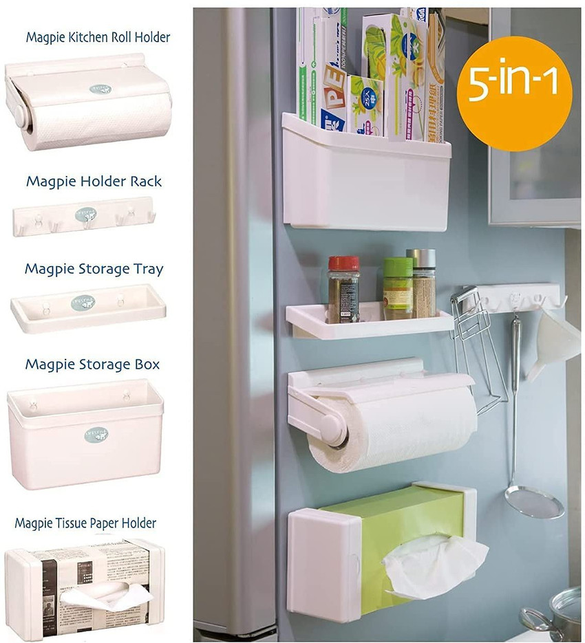 Connectwide Containers Kitchen Rack Plastic 5 In 1 Multipurpose Magnetic Refrigerator Storage Rack White 5 in 1 Refrigerator Side Storage Shelve Rack Organizer Refrigerator Storage Rack 5 IN 1 Magneti...