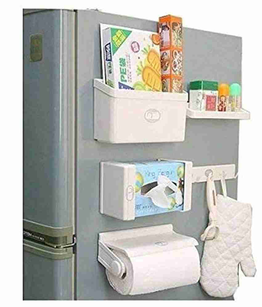 Connectwide Containers Kitchen Rack Plastic 5 In 1 Multipurpose Magnetic Refrigerator Storage Rack White 5 in 1 Refrigerator Side Storage Shelve Rack Organizer Refrigerator Storage Rack 5 IN 1 Magneti...