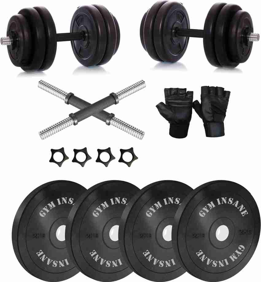 Gym Insane 2 kg GYM INSANE 8 12 kg Rubber weight plates gym set for home workout 14 Dumbbells set rod gym gloves gym accessories for men Combo gym exercise kit