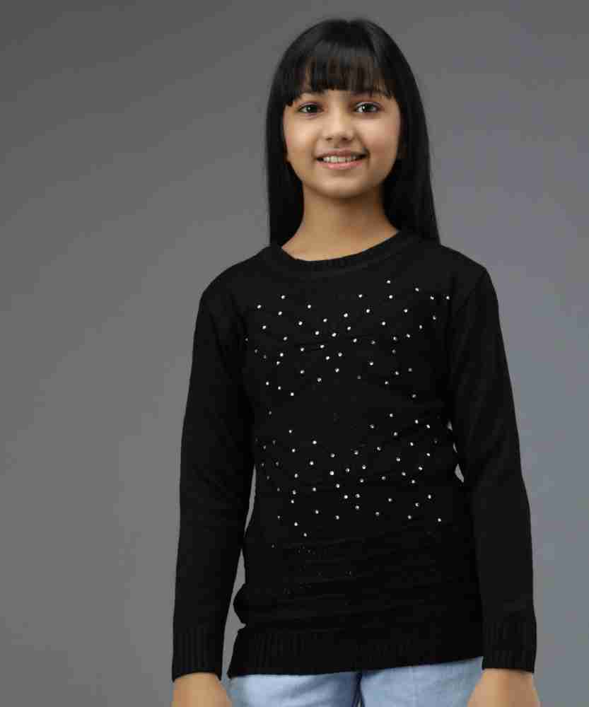 Women's Black Embellished Crew-neck Sweater, Black and White Plaid