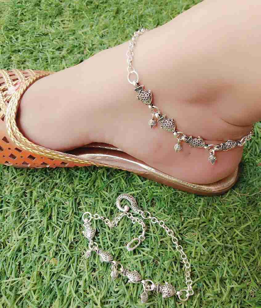 OYZEKX Fashion Oxidised Silver Fish Design Stylish Anklet for