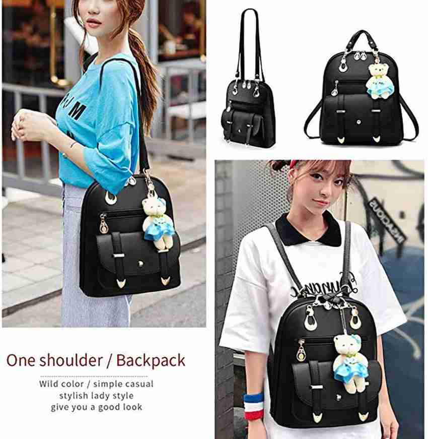 Junckers Korean Backpacks For Girls Teddy Keychain Bags PU Leather