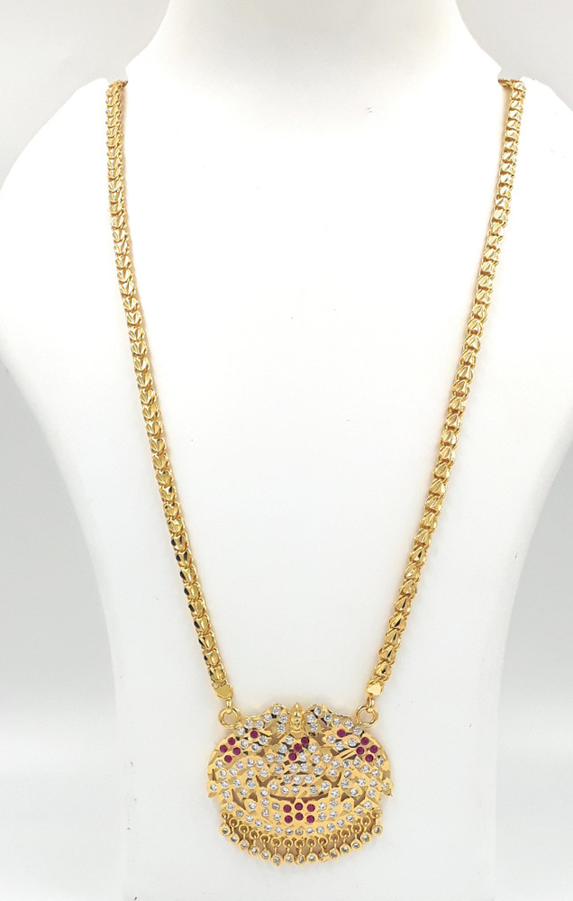 Anujeet Fashion Hub Latest Stylish Gold Plated Fashion Jewellery Traditional Covering Long Chain with Multicolor AD stone Goddess Lakshmi Big Dollar for Women Girls Gold plated Plated Copper Chain Pri...
