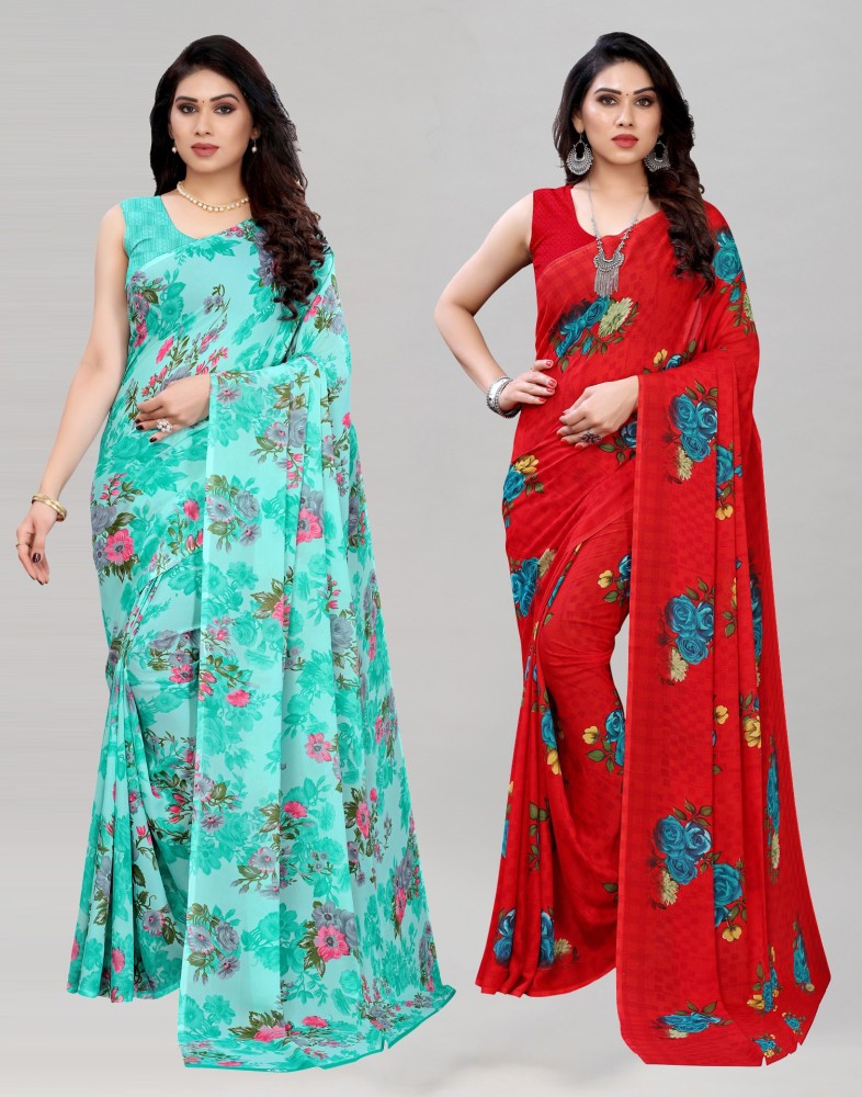 Buy Samah Floral Print Daily Wear Georgette Light Blue, Red Sarees Online @  Best Price In India