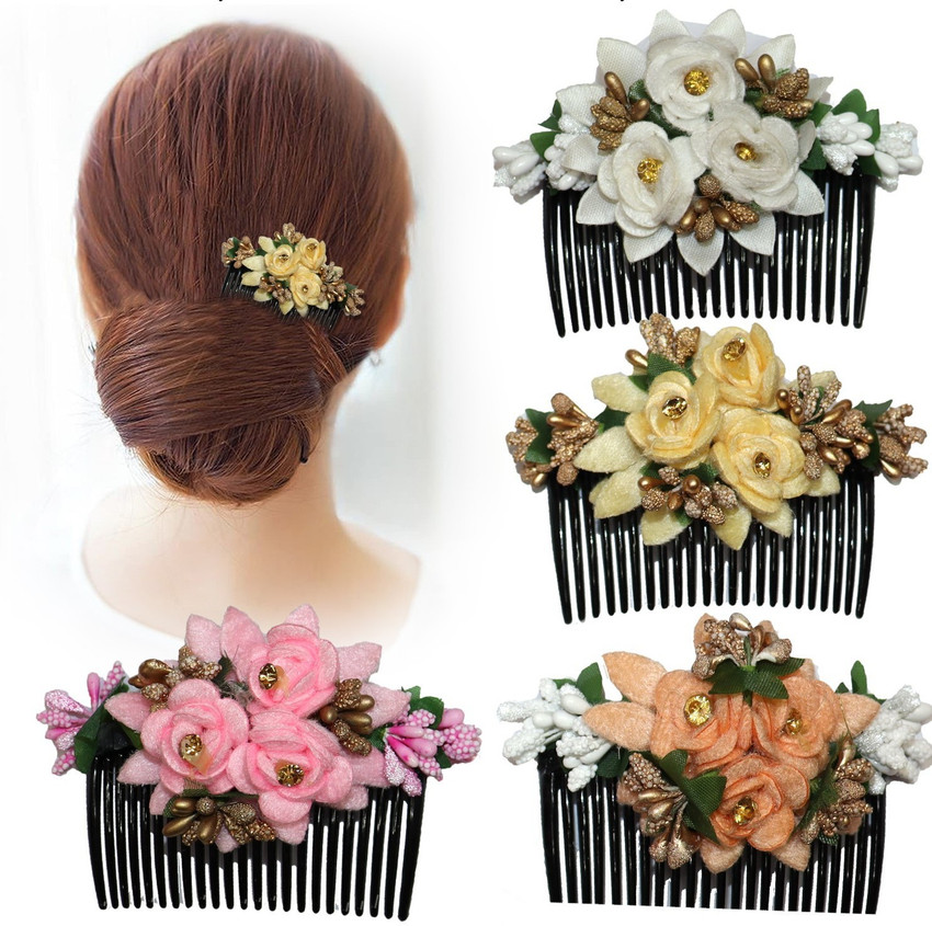 VAGHBHATT Multicolor Acrylic Comb and Cloth Flower Hair Clip Side